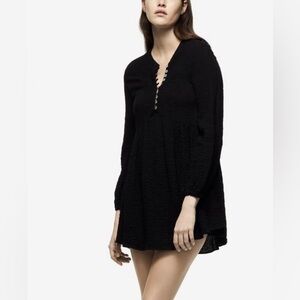 Zara Black Textured Wave Mini Dress Goth Grunge Long Sleeve Mini Babydoll Shift